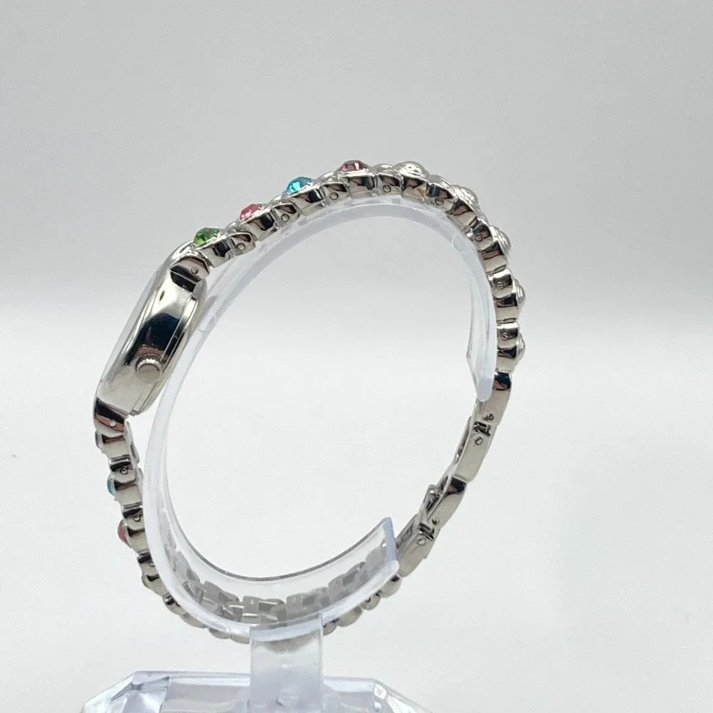 Modern Womens Watch 22mm Silver Tone Rainbow Crystals MOP Dial New Battery 6.75